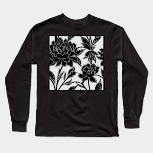 Vintage Floral Cottagecore  Romantic Flower Peony Design Black and White Long Sleeve T-Shirt